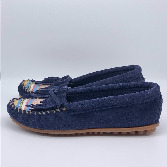 Minnetonka Womens Kilty Leather Suede Hardsole Moccasin Navy Cortez Aztec 5.5 - Picture 5 of 11